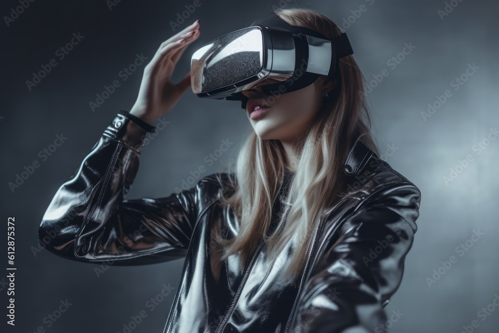 Lifestyle portrait photography of a tender girl in her 20s playing with virtual reality mask against a metallic silver background. With generative AI technology Lifestyle portrait photography of a tender girl in her 20s playing with virtual reality mask against a metallic silver background. With generative AI technology