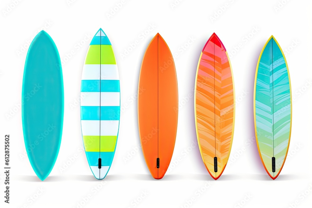 Assortment of surfboards isolated on white background. Generative ai. Assortment of surfboards isolated on white background. Generative ai.