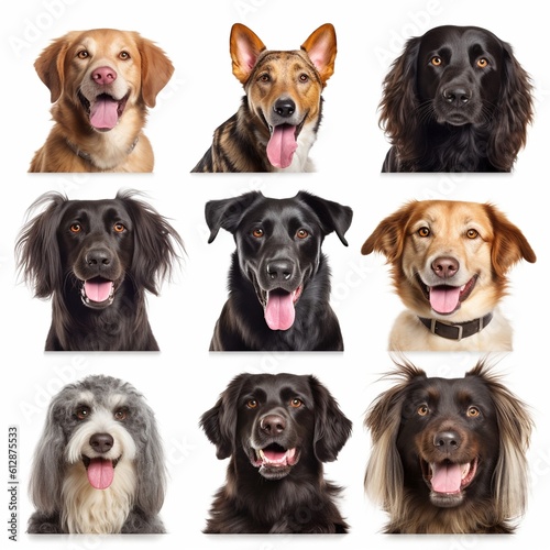 Set of different happy dogs portraits isolated on white background, created with generative AI © MiraCle72