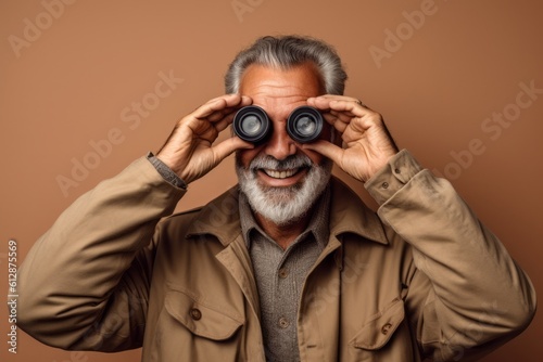 Headshot portrait photography of a satisfied mature man imitating the use of binoculars with the hands against a warm taupe background. With generative AI technology
