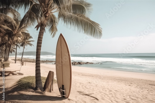 Surfboard on a tropical beach. Generative ai. © Iryna