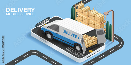 Fast delivery for shopping on mobile application.Online delivery service concept,online order tracking,Delivery home and office. City logistics.Warehouse,truck, forklift,courier,delivery man,on mobile