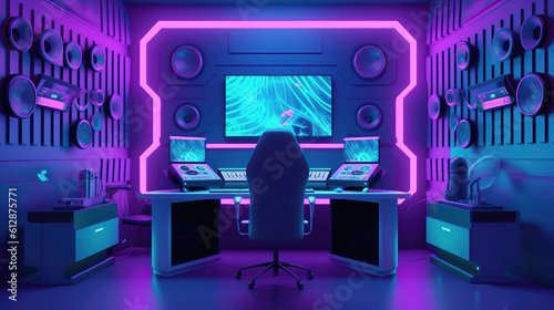 a cyberpunk inspired modern gaming room mockup, ai generated image