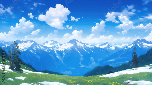 a manga anime artwork of mountains with snow, wonderful style, ai generated image © Sternfahrer