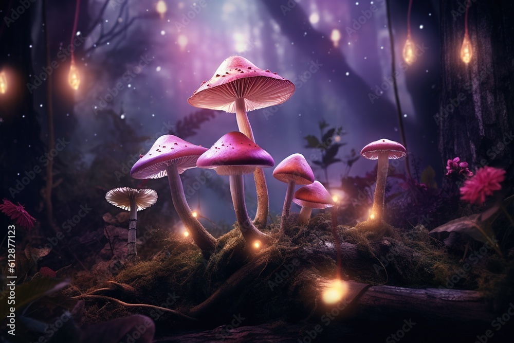 Naklejka premium Magic mushrooms in the forest at night, Fantasy magic landscape.Generative Ai