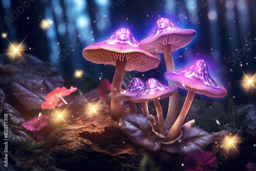 Magic mushrooms in the forest at night, Fantasy magic landscape.Generative Ai