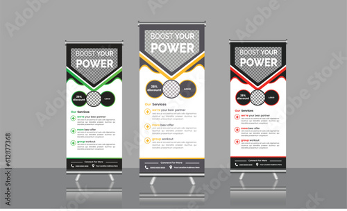 Build your body strong, Fitness Gym rollup Stand banner, Retractable banner, Magazine design with three variant vector templates, Flyer, Poster, Flag Banner,