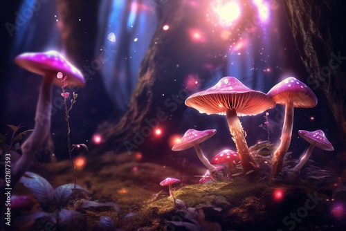 Magic mushrooms in the forest at night, Fantasy magic landscape.Generative Ai © Rudsaphon