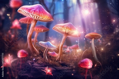 Magic mushrooms in the forest at night, Fantasy magic landscape.Generative Ai