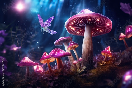 Magic mushrooms in the forest at night  Fantasy magic landscape.Generative Ai