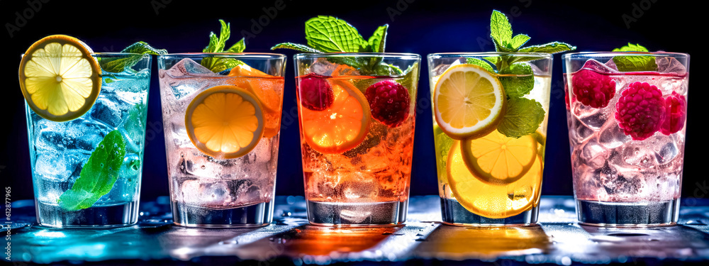 fresh mixes colorful drinks with fresh fruit and ice, banner, made with Generative AI