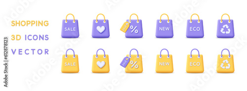 3d icons set bag for shop. Render 3d bag icons for online shopping, sale, eco, new product and favorite, discount card and recycle package concept. 3d rendering cartoon bag icons. Vector illustration