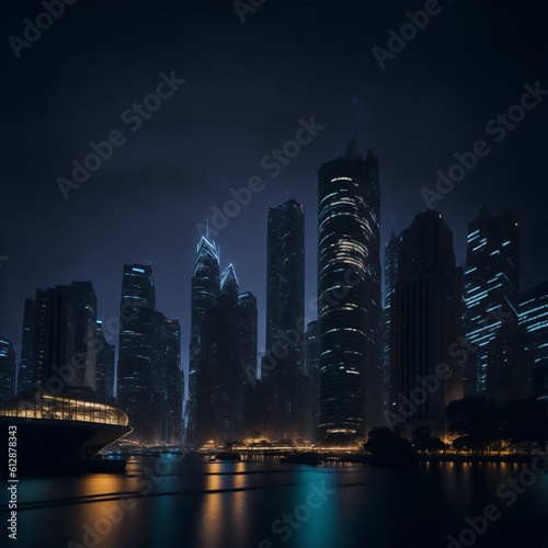 Showcase the beauty of urban architecture at night, capturing the city skyline with a long exposure technique to create mesmerizing light trails. GENERATIVE AI
