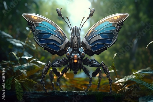 butterfly robot in the middle of an imaginary forest. generative AI