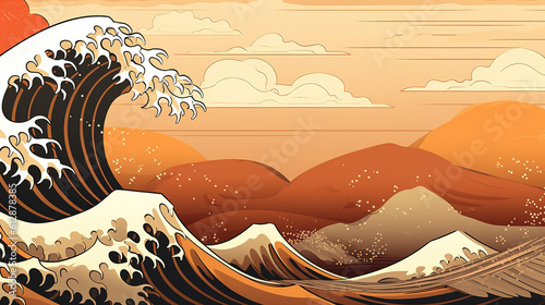 Photographie waves off kanagawa in a vintage inspired wallpaper, ai generated image