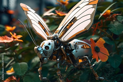 butterfly robot in the middle of an imaginary forest. generative AI