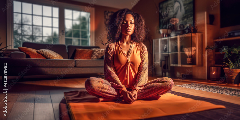 Woman in sitting cross legged meditation yoga pose on living room floor, interior, wide. Generative AI Woman in sitting cross legged meditation yoga pose on living room floor, interior, wide. Generative AI
