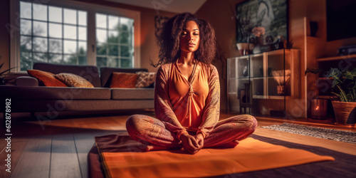 Woman in sitting cross legged meditation yoga pose on living room floor, interior, wide. Generative AI