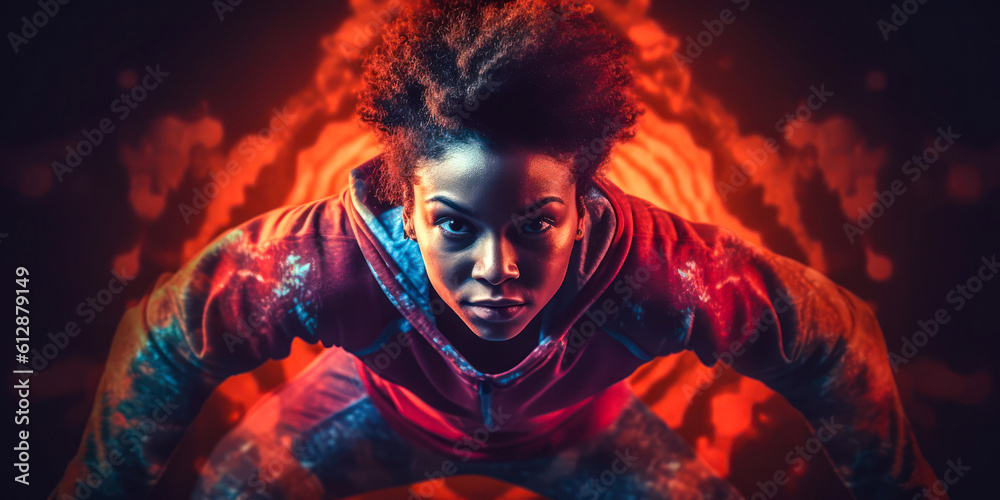Woman in dynamic pose crouched looking at camera, weaing long sleeve shirt hoodie, abstract red background, wide. Generative AI