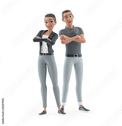 3d character man and woman with arms crossed