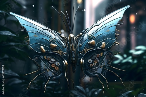 butterfly robot in the middle of an imaginary forest. generative AI