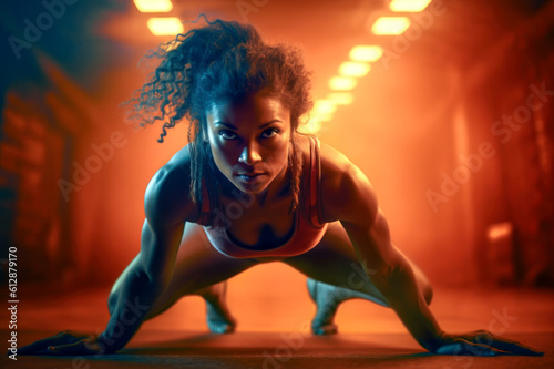 Athletic woman posed on floor wearing tank top, exercise, warm light interior background. Generative AI