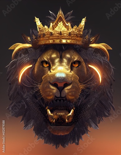Photorealistic king lion with golden crown on head wear intimidating 3D model render.