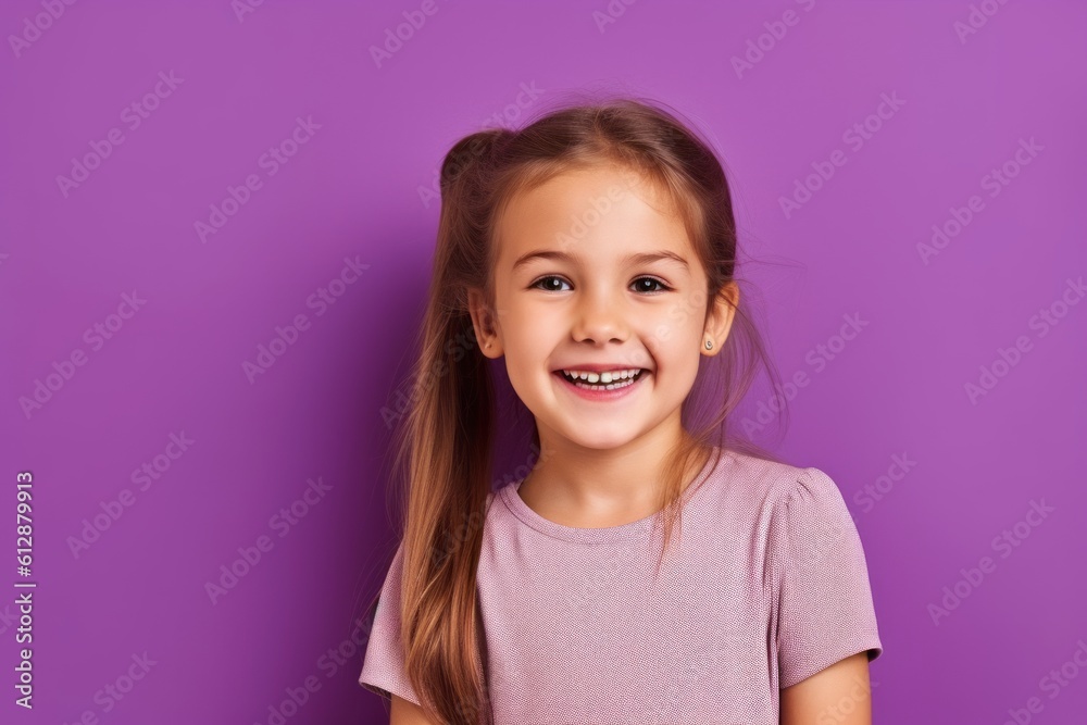 Lifestyle portrait photography of a satisfied kid female talking on the phone against a lilac purple background. With generative AI technology Lifestyle portrait photography of a satisfied kid female talking on the phone against a lilac purple background. With generative AI technology