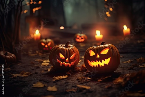 Halloween pumpkins background, creepy pumpkins realstic poster. Generative by AI