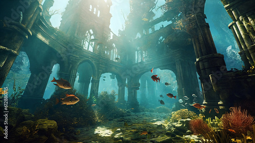 Sunken ruined city underwater, panorama. AI Generative © Olga Khoroshunova