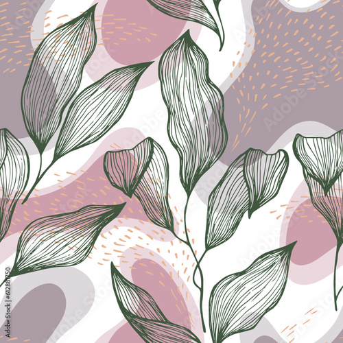 Sketch style doodle line texture leaves over stains and dots seamless vector ...
