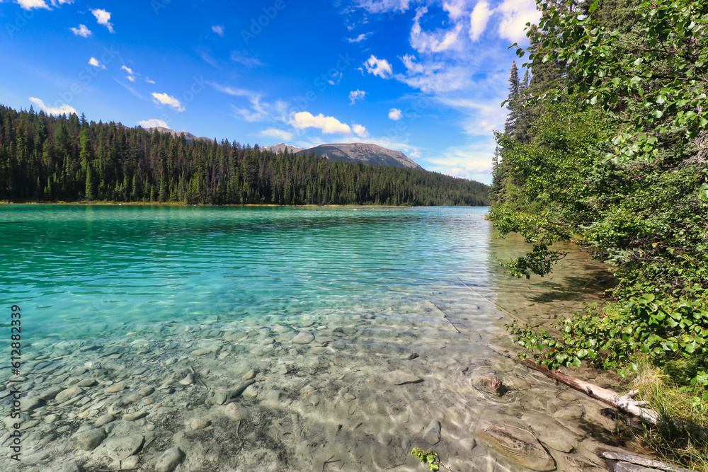 Obraz premium Picturesque View of one of the lakes in the Valley of Five Lakes Region near Jasper in the Canada Rockies