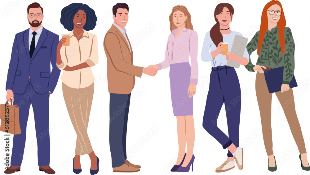 Obraz premium Business people set. Vector illustration in flat cartoon style of woman and man of different nationalities in business clothes. Shaking hands. Isolated on white background.