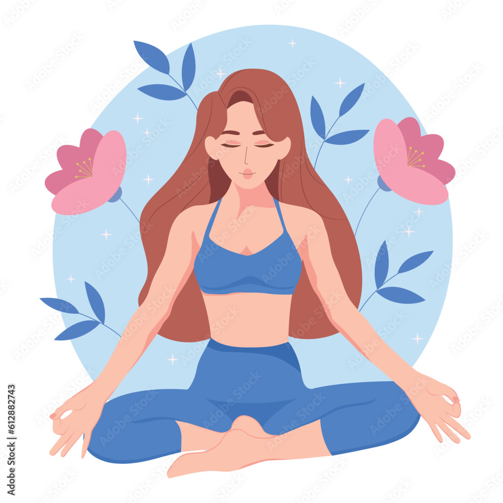 Self care concept. Woman doing yoga. Woman meditating in a lotus pose. Inner harmony with yourself. Take time for your self.
Healthy lifestyle concept. Colorful vector flat illustration.