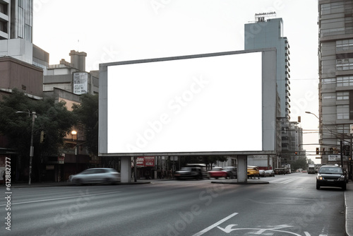 Transparent, empty, blank billboard mockup near a road for outdoor advertisement and promotion for commercial marketing. Generative AI