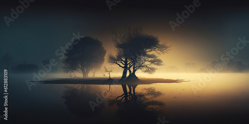 Ai generated illustration minimalist landscape with a misty serene lake