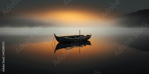 Ai generated illustration minimalist landscape a misty serene lake with boat