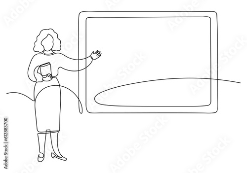 Teacher with book pointing with an open hand on blackboard. Continuous line drawing. School, university, collage; education concept.