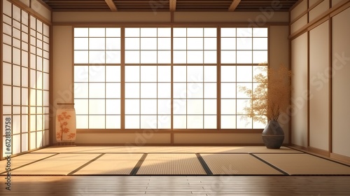 Empty traditional japanese room with tatami mat floor, wood shoji window in sunlight for east asian interior design decoration. generative AI