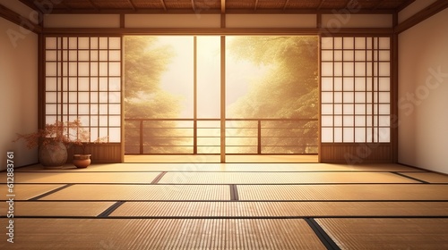 Empty traditional japanese room with tatami mat floor, wood shoji window in sunlight for east asian interior design decoration. generative AI