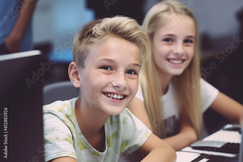 Two smiling caucasian kids in computer class. Generative AI