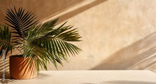 Brown cement wall and floor, palm tree in vase in a sunlight, long shadow for luxury interior design decoration, product display background, Generative ai