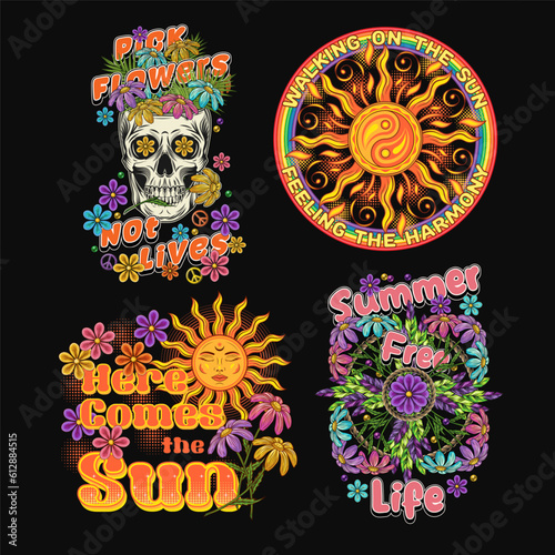 Summer groovy labels with sun, rainbow, chamomiles, skull. Concept of balance, love and harmony. For clothing, apparel, T-shirts, surface decoration. Retro style illustration on black background