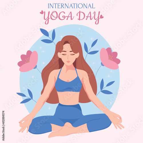 International yoga day. June 21st celebrations of world yoga day. Woman doing asana for yoga.
