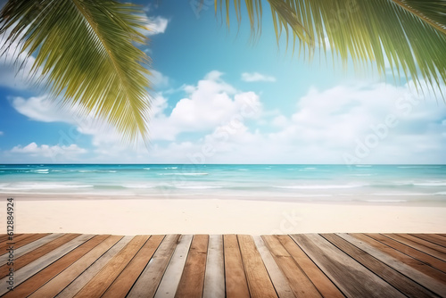 The wooden table above the beach and the palm leaves with a blurry background,