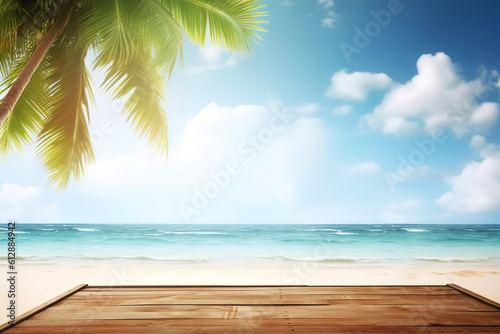 The wooden table above the beach and the palm leaves with a blurry background 