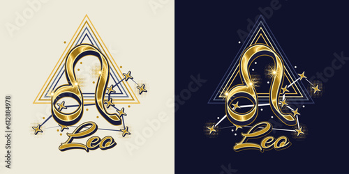Golden icon of zodiac sign Leo with constellation with stars, text, triangle as alchemical symbol of fire element. Vintage style.