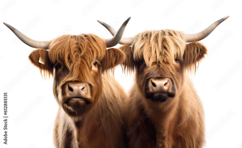 Naklejka premium Hairy Scottish Highlanders on a white background. Generative AI.