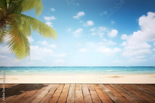The wooden table above the beach and the palm leaves with a blurry background,