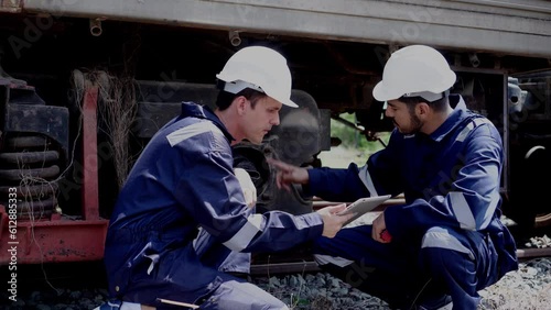 workers at work. Service engineer of train. Worker analysis and discuss job on railway.	